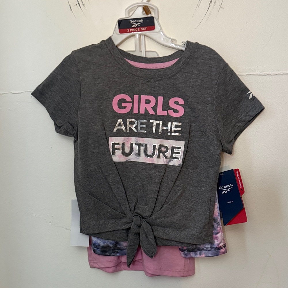 Reebok Kids' Charcoal and Pink Tees with tie dye capri pants.
